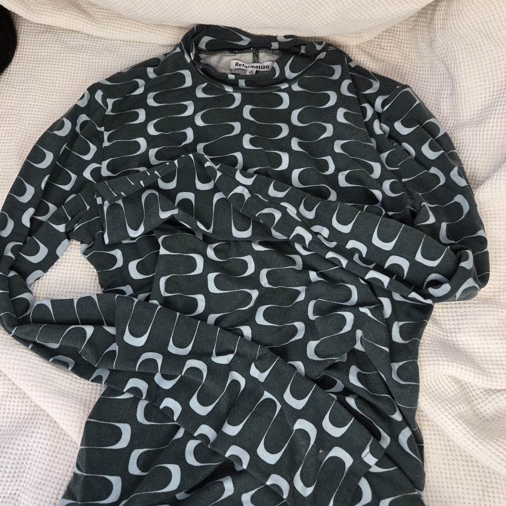 Reformation Dark Green and White Patterned Top